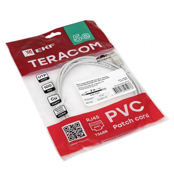 Патч-корд кат.5e (1Гбит/с) неэкранированный UTP оболочка PVC сер. (2м) TERACOM EKF TRC-5EUTP-PVC-2M-GY